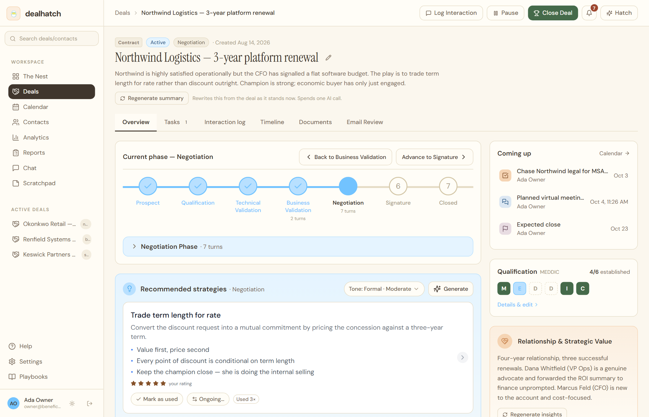 Deal workspace for the Northwind Logistics renewal — Overview, Tasks, Interaction log, Timeline, Documents and Email Review tabs, a phase tracker, recommended strategies with a Tone chip and Mark as used and Ongoing controls, coming up, and the MEDDIC qualification card