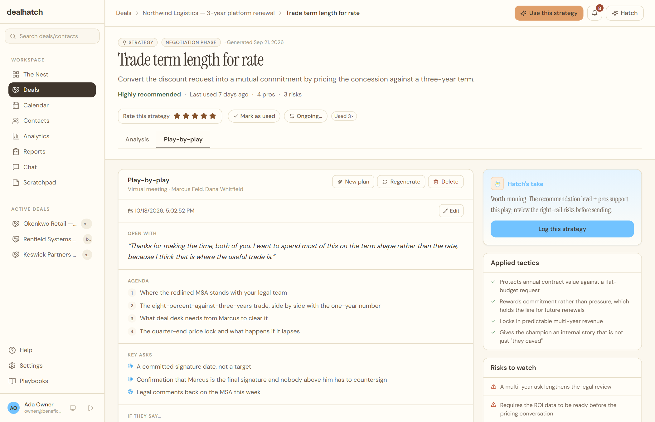 Strategy detail — a stat line with the recommendation, when it was last used and its pros and risks, rating with Mark as used and Ongoing controls, Analysis and Play-by-play tabs, a play-by-play for a virtual meeting, Hatch's take, and applied tactics
